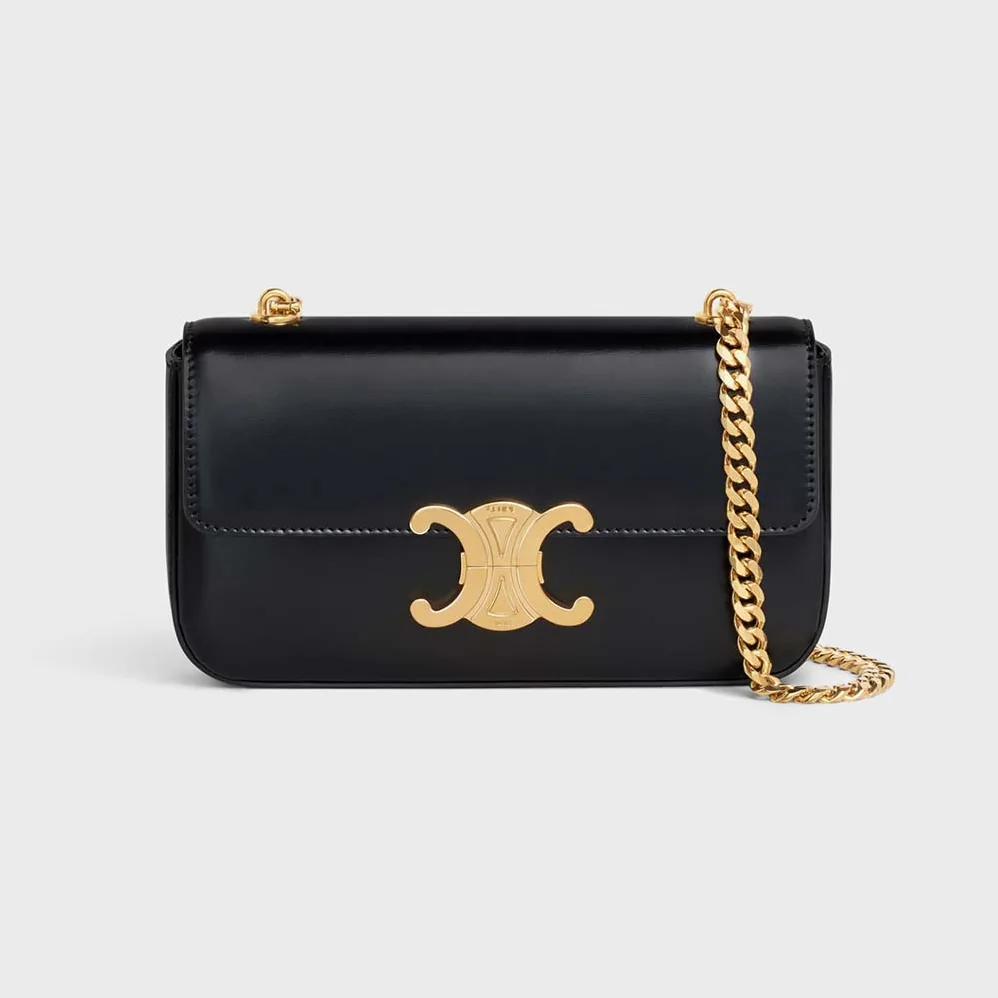 Celine Chain Shoulder Bag Triomphe in Shiny Calfskin for Women in Black