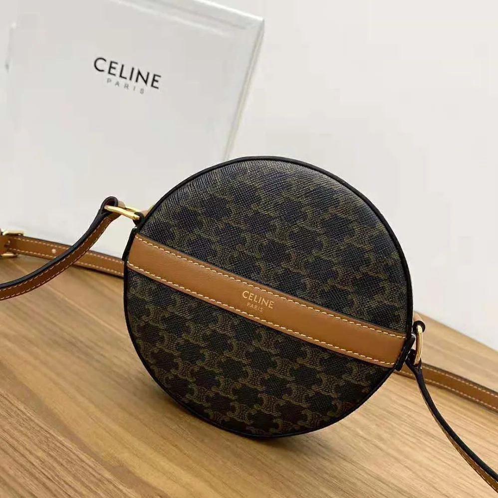 Celine Round Purse on Strap in Triomphe Canvas and Lambskin for Women