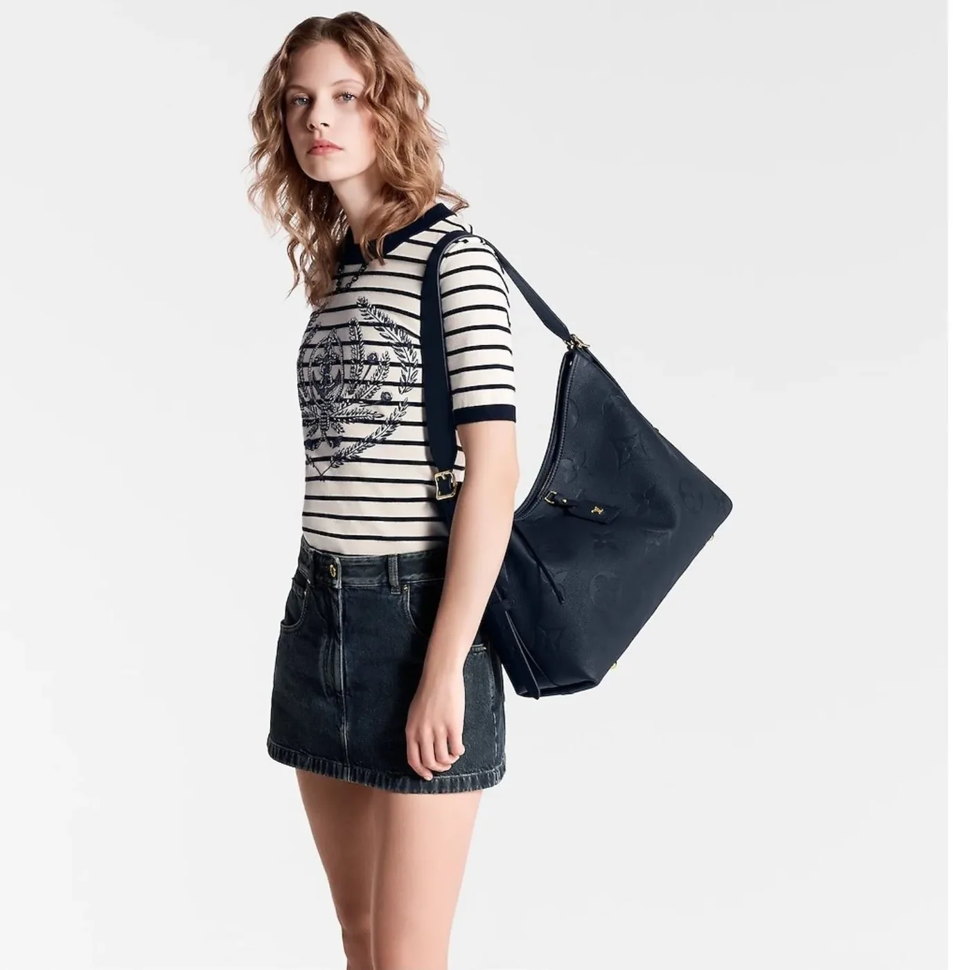 Louis Vuitton CarryAll MM Shoulder Bag / Monogram Empreinte Navy Blue Gold Hardware