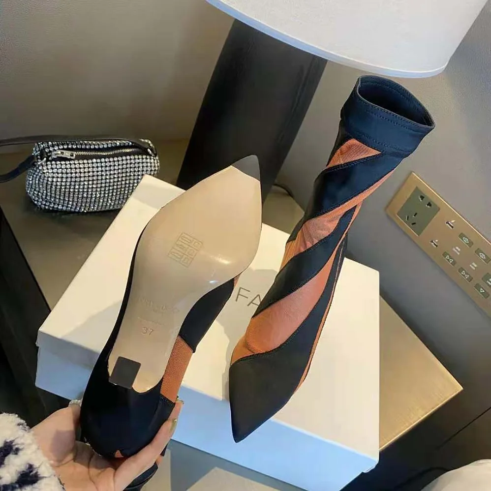 Jimmy Choo Mugler Sock Ankle Boot Black and Dark Nude Sheer Spiral Stretch Fabric for Women Jimmy Choo Mugler Sock Ankle Boot Black and Dark Nude Sheer Spiral Stretch Fabric for Women