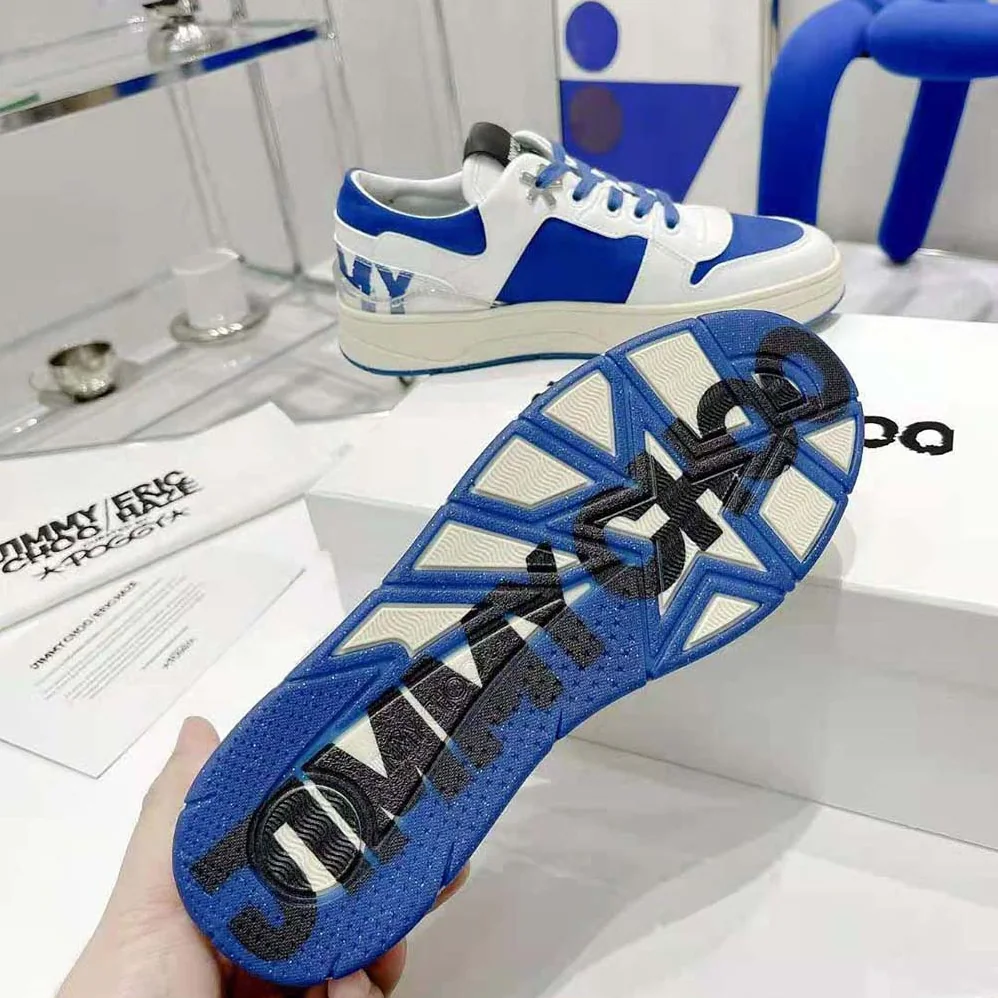 Jimmy Choo JC / Eric Haze Florent/M White Calf Leather and Blue Canvas Trainers for Unisex Jimmy Choo JC / Eric Haze Florent/M White Calf Leather and Blue Canvas Trainers for Unisex
