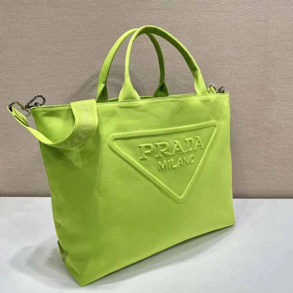 Prada Canvas Tote Bag with Contemporary Take on Classic Beach Designs for Women in Lime Prada Canvas Tote Bag with Contemporary Take on Classic Beach Designs for Women in Lime