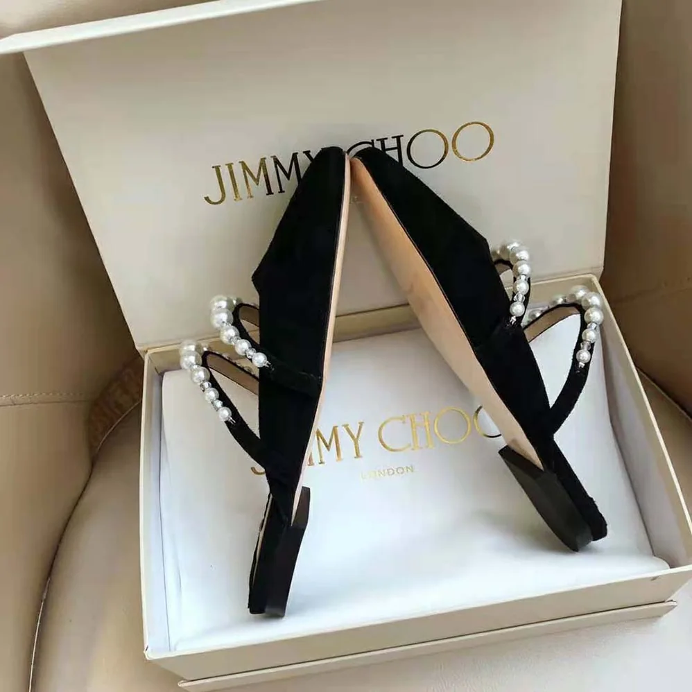 Jimmy Choo Alaina Flat Black Suede Flats with Pearl Embellishment for Women Jimmy Choo Alaina Flat Black Suede Flats with Pearl Embellishment for Women