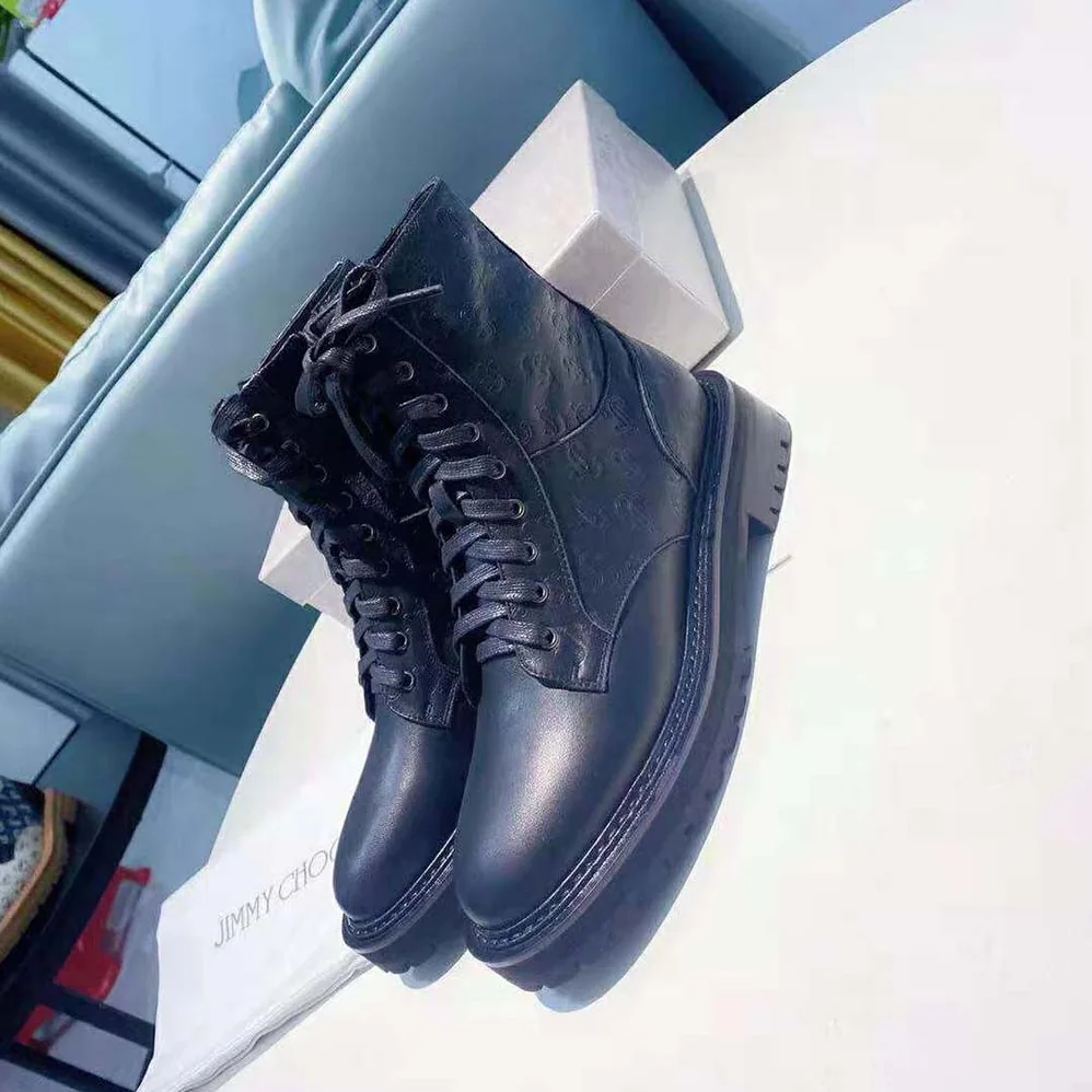 Jimmy Choo Cora Flat Black JC Monogram Leather Mix Combat Boots for Women