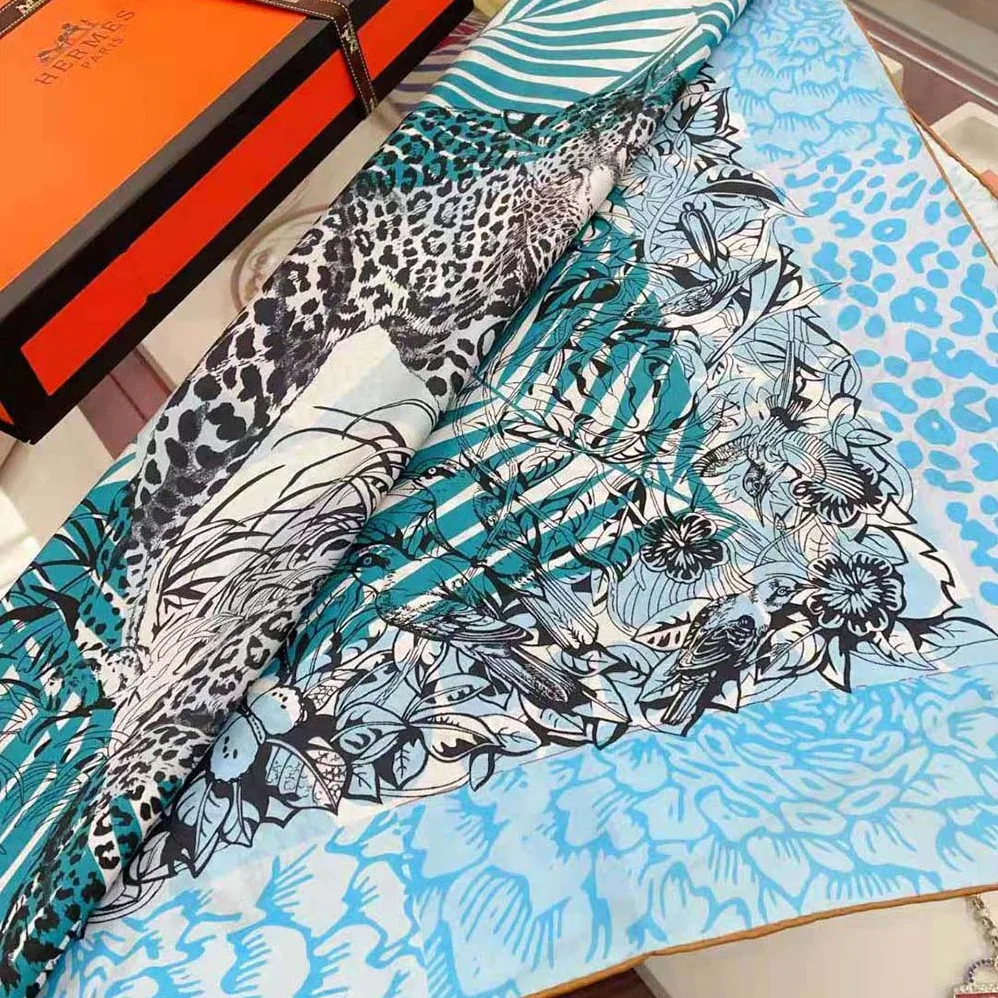Hermes Jungle Love Stamped Scarf 70 in Silk Twill with Hand-Rolled Edges for Women in Blue