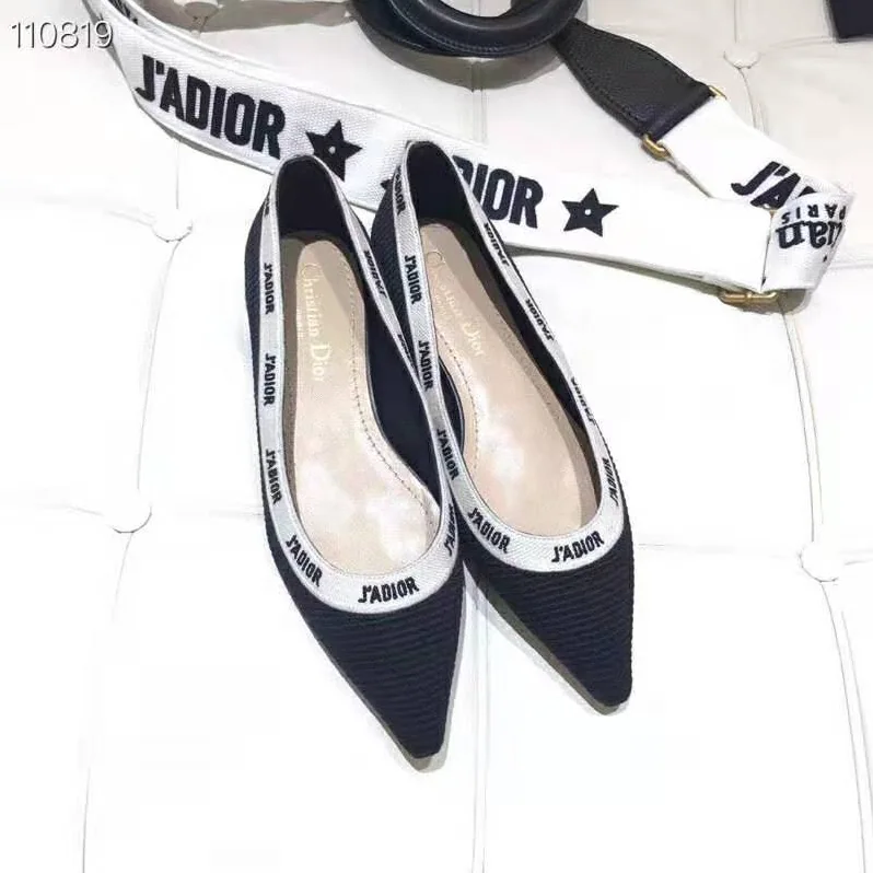 Dior J'adior Embroidered Ballet Flat Technical Canvas Embroidered Ribbon for Women in Black