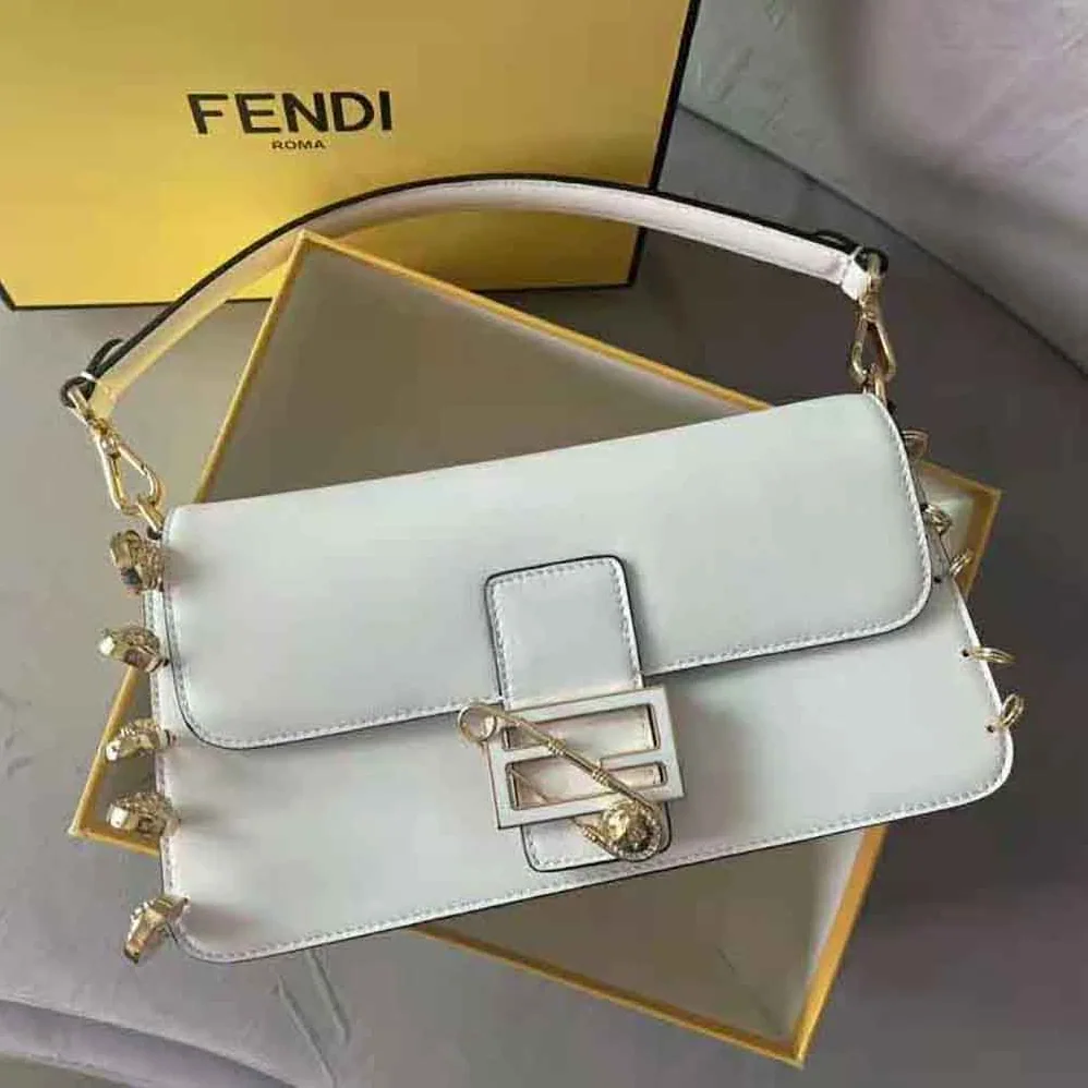 Fendi Baguette Brooch Fendace White Leather Bag for Women Fendi Baguette Brooch Fendace White Leather Bag for Women