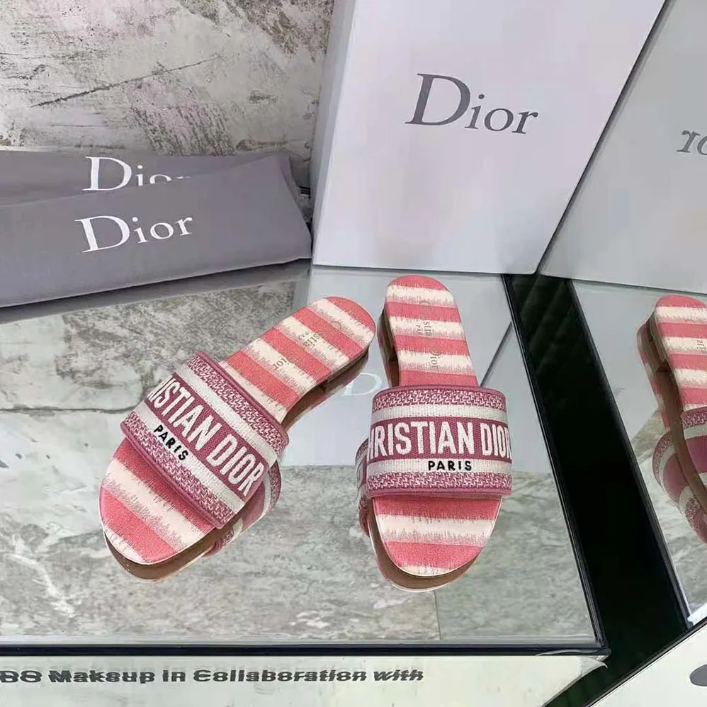 Dior Dway Slide Dark Nude D for Women in Stripes Embroidered Cotton Dior Dway Slide Dark Nude D for Women in Stripes Embroidered Cotton
