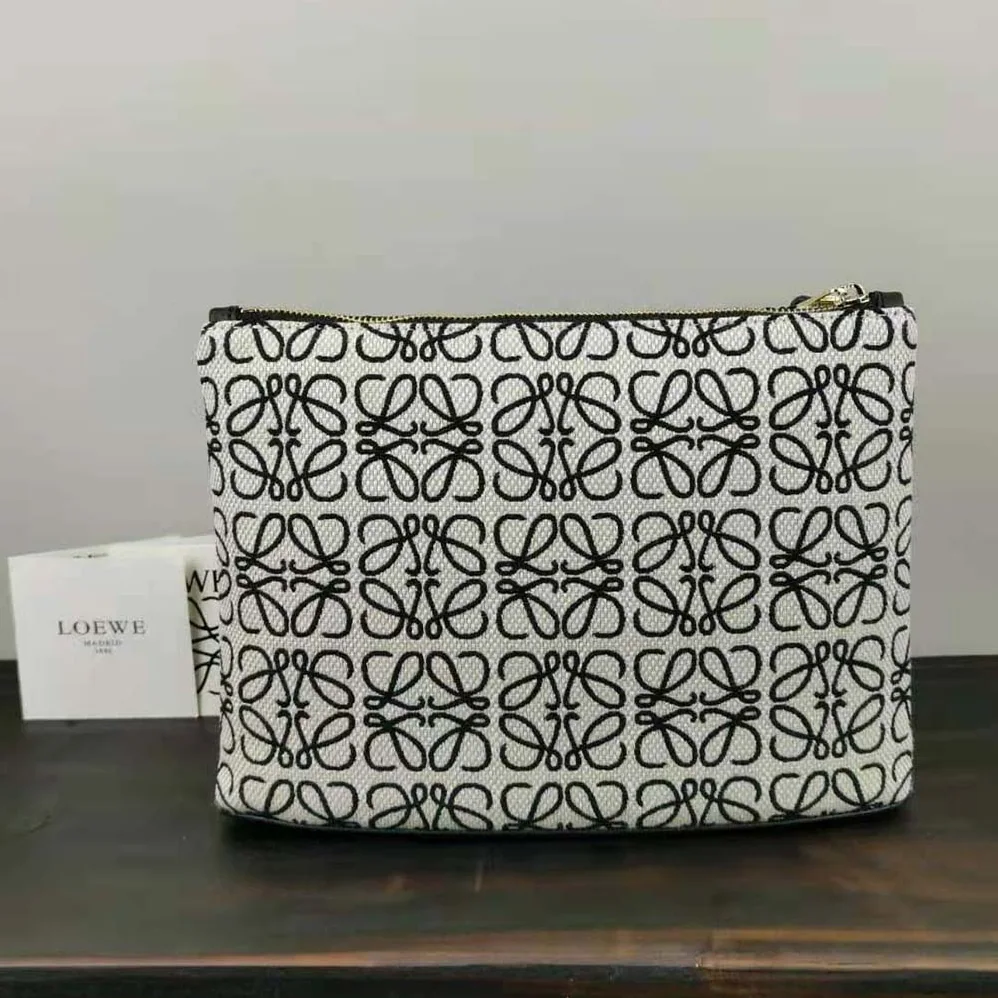 Loewe Oblong Anagram Pouch in Jacquard and Calfskin for Women in Black Loewe Oblong Anagram Pouch in Jacquard and Calfskin for Women in Black
