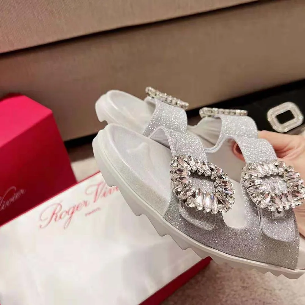 Roger Vivier Slidy Viv Strass Buckle Sandals in Fabric for Women in Gray Roger Vivier Slidy Viv Strass Buckle Sandals in Fabric for Women in Gray