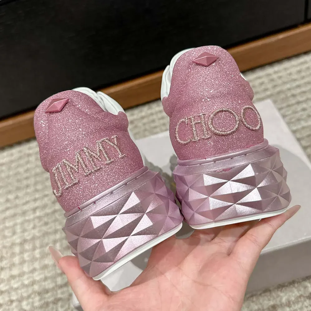 Jimmy Choo Diamond Maxi/F II White & Rose Nappa Leather Glitter Trainers for Women Jimmy Choo Diamond Maxi/F II White & Rose Nappa Leather Glitter Trainers for Women