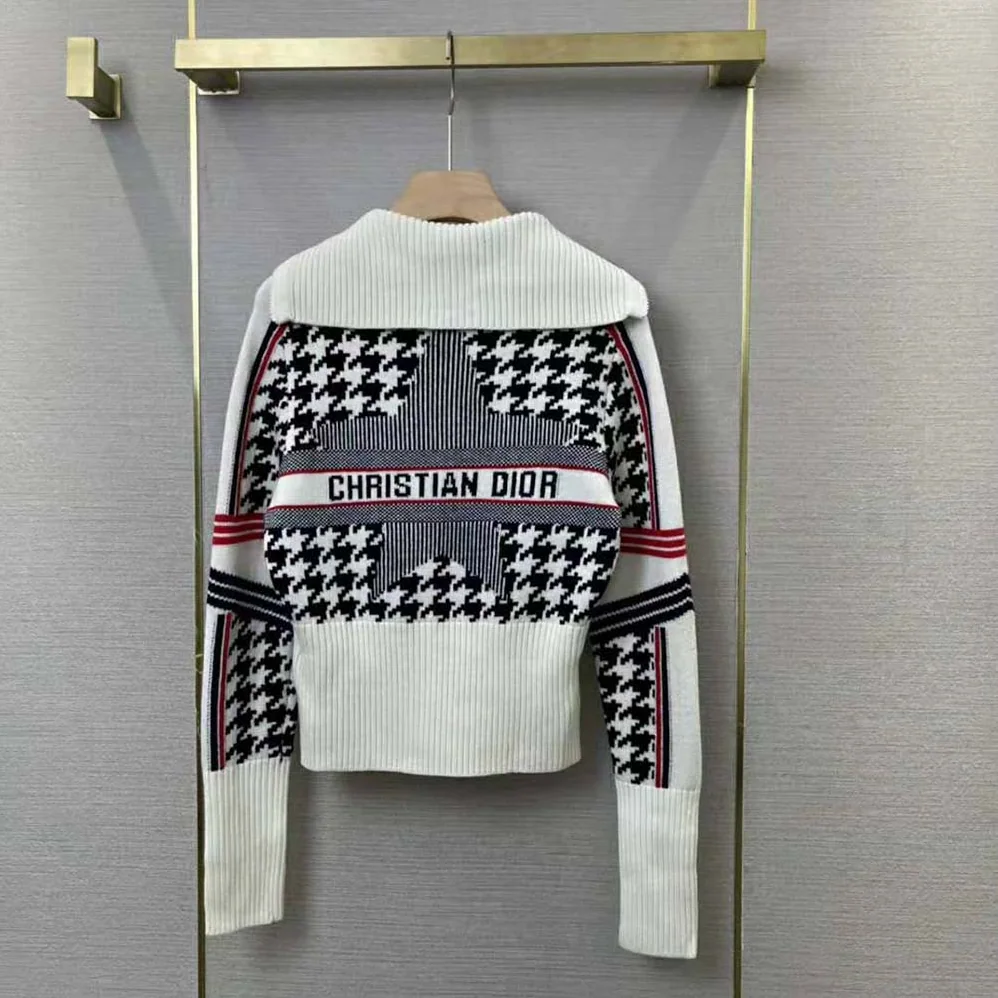 Dior Dioralps Short Cardigan Black and White Houndstooth Wool and Cashmere Knit with Three for Women in Tone Dior Star