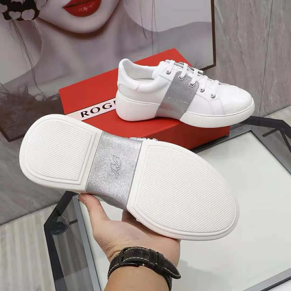 Roger Vivier Viv' Skate Glitter Strass Buckle Sneakers in Soft Leather for Women in Silver Roger Vivier Viv' Skate Glitter Strass Buckle Sneakers in Soft Leather for Women in Silver