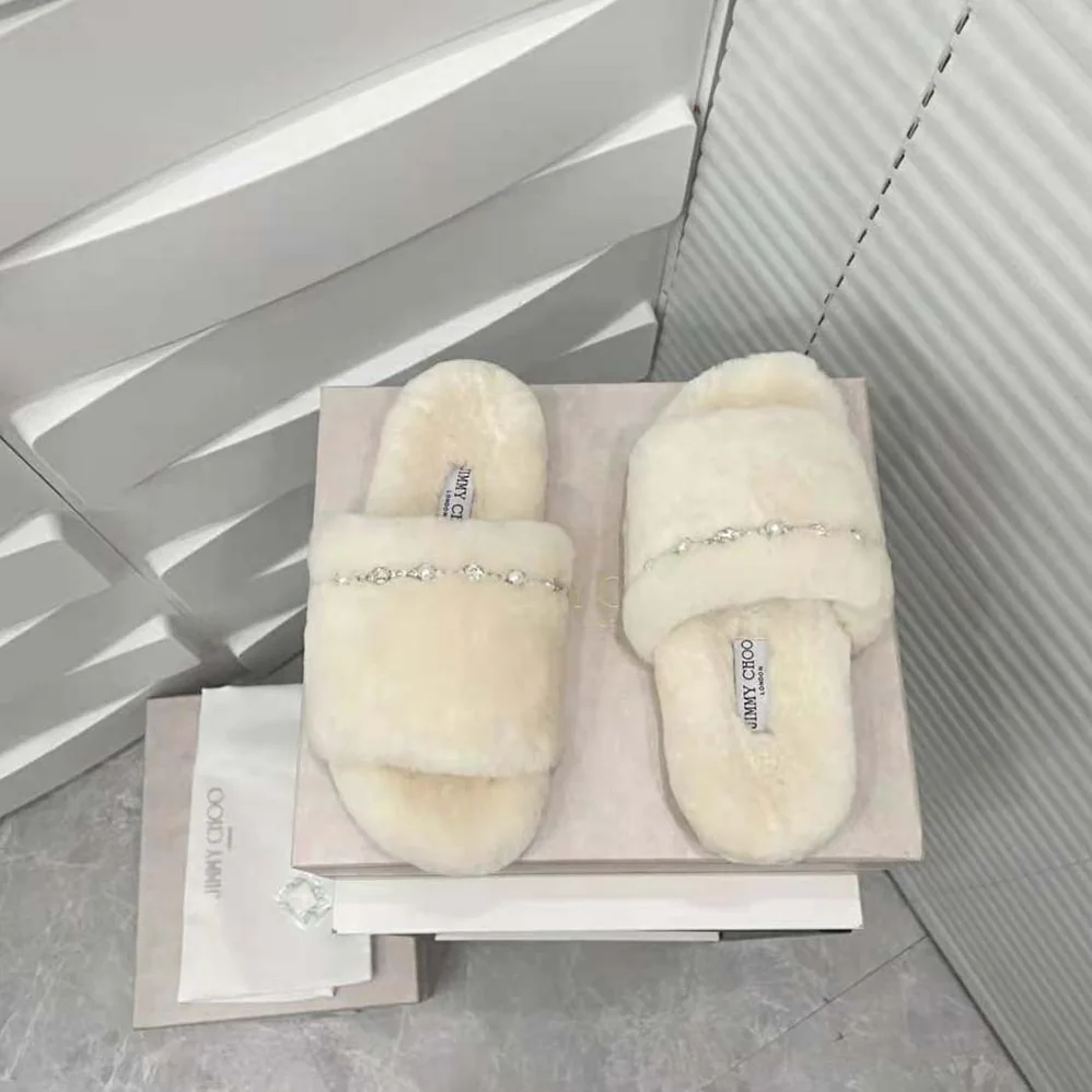 Jimmy Choo Acinda Slipper Natural Shearling Slippers with Crystal and Pearl Detailing for Women