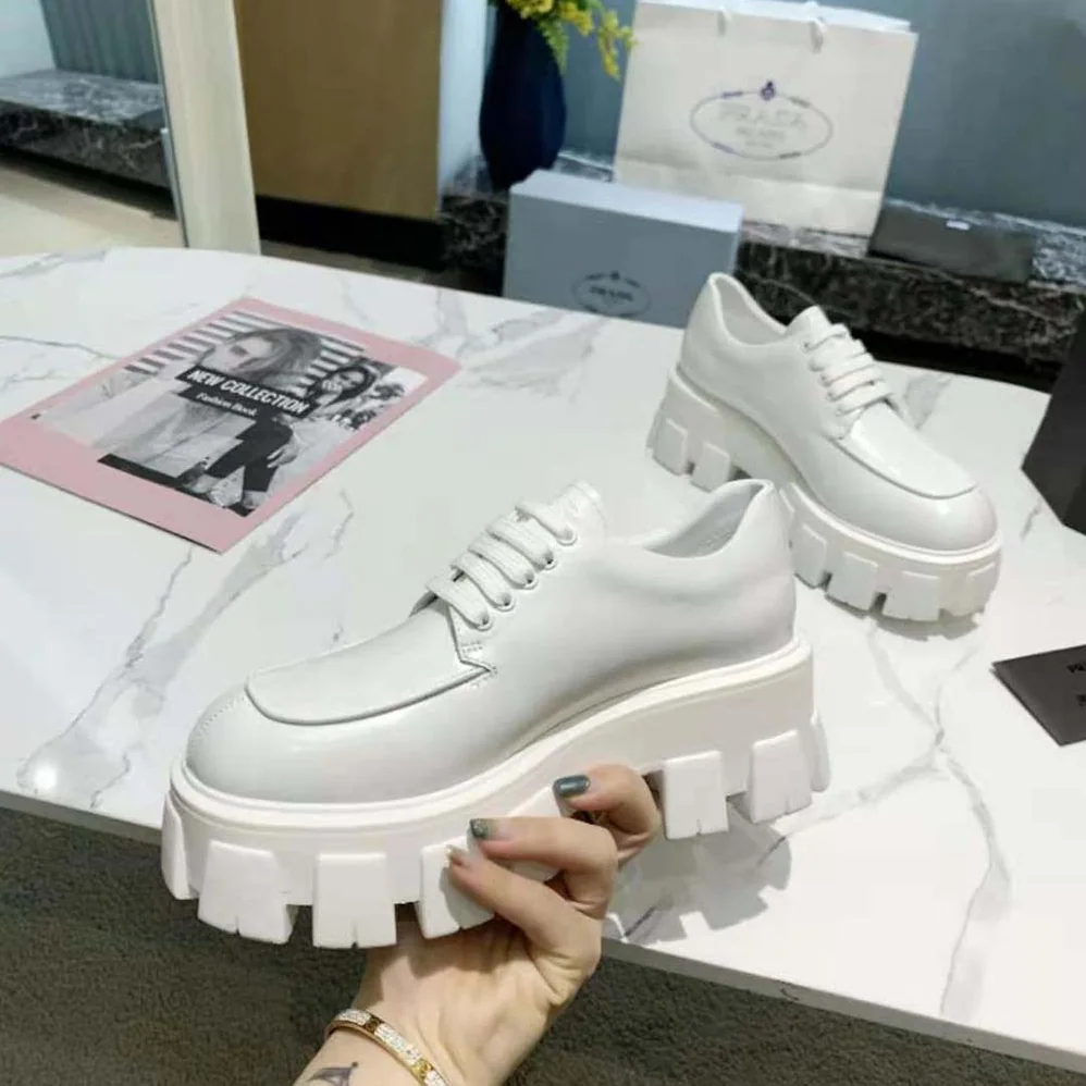 Prada Monolith Brushed Leather Lace-up Shoes for Women in White Prada Monolith Brushed Leather Lace-up Shoes for Women in White
