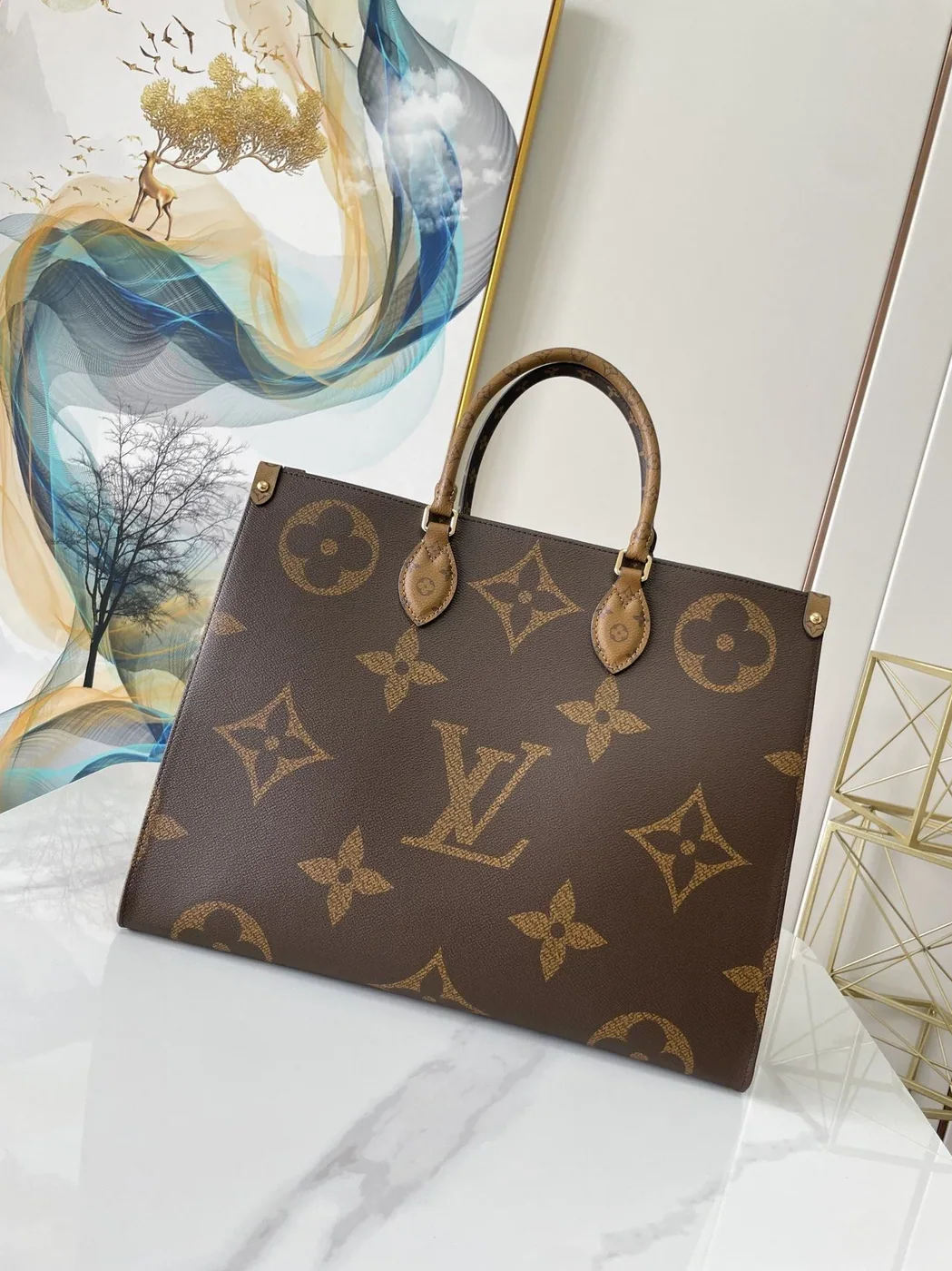 Louis Vuitton OnTheGo GM Tote Bag / Monogram Reverse Canvas Gold Hardware