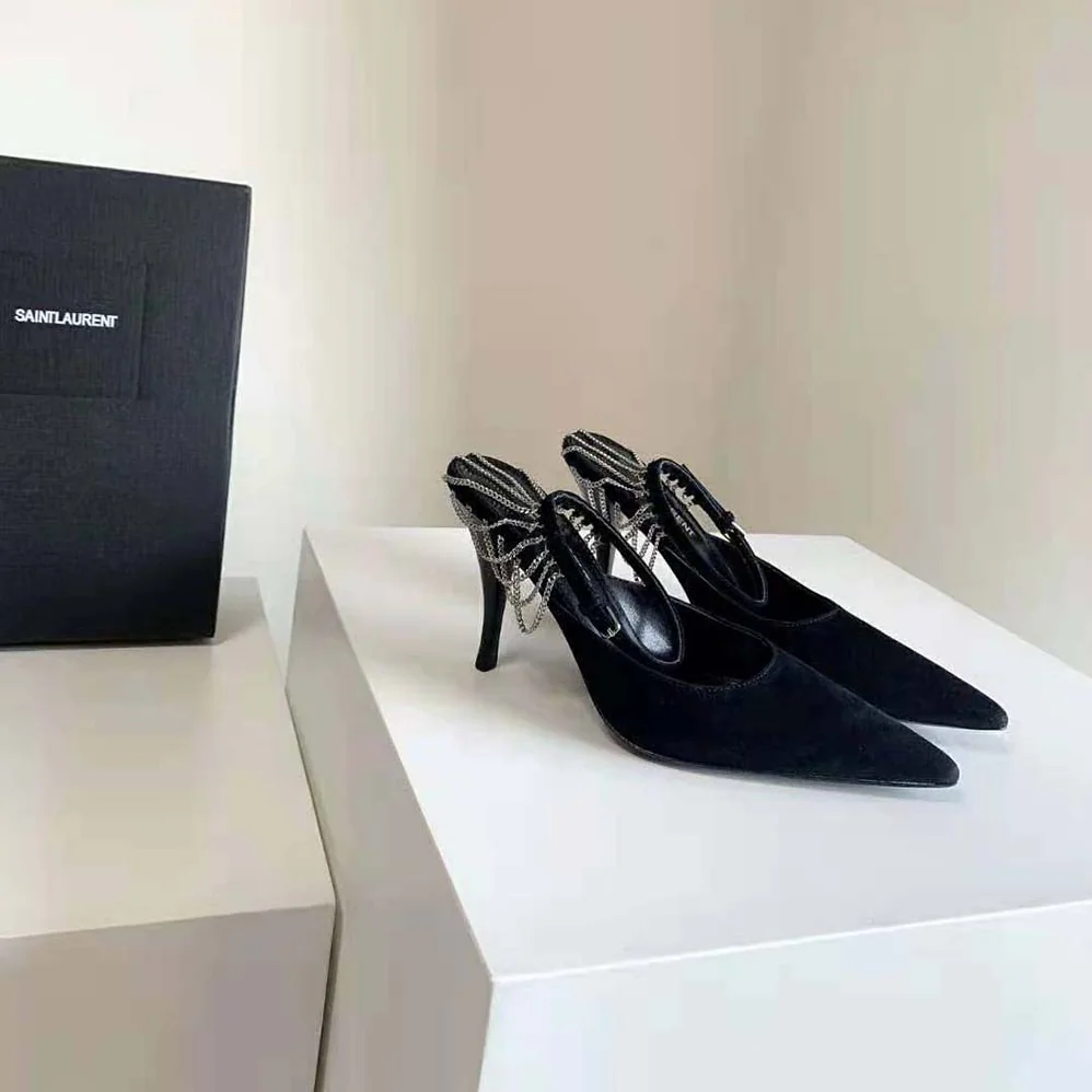 Saint Laurent YSL Sling Chain Pumps in Suede for Women in Black