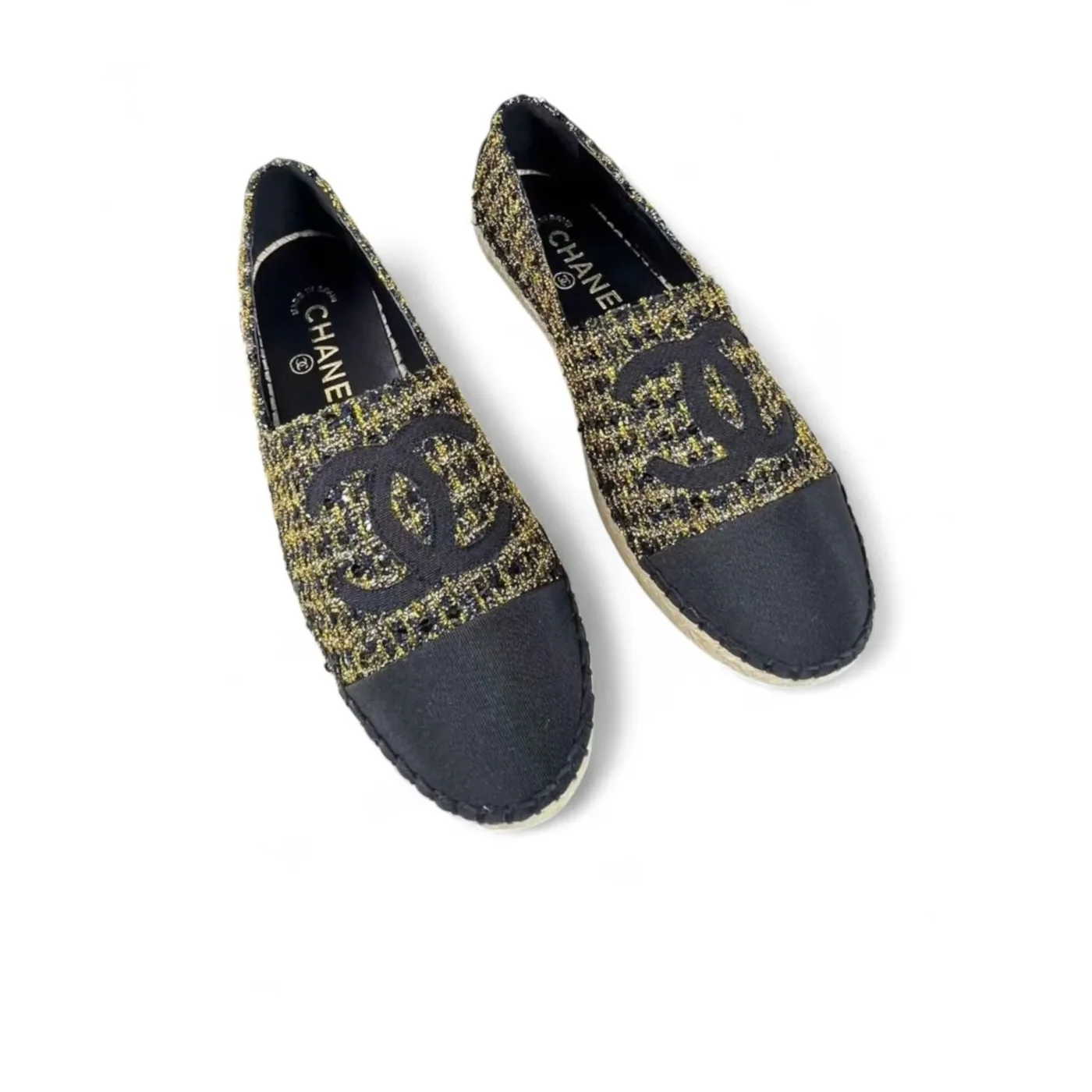 Chanel Espadrilles Tweed Black in Gold Chanel Espadrilles Tweed Black in Gold