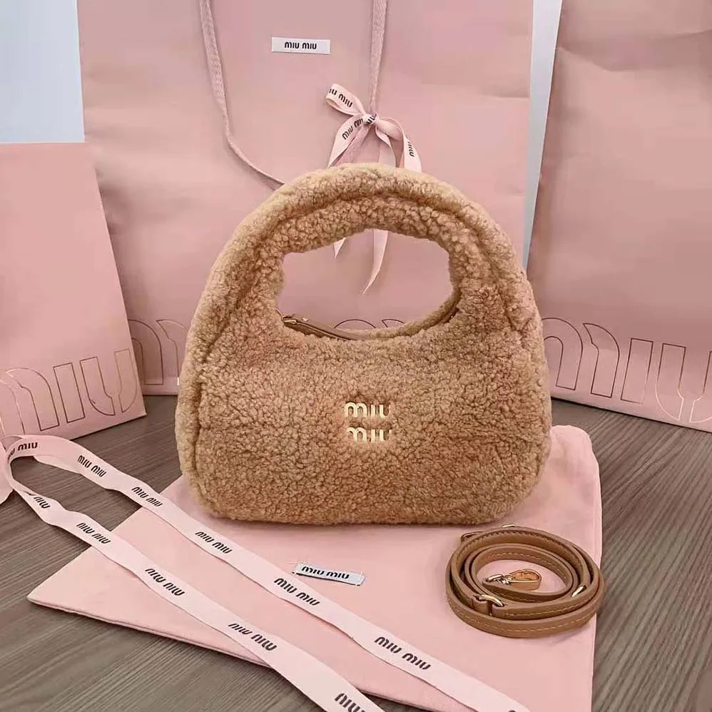 Miu Miu Wander Shearling Hobo Bag with Leather Details for Women in Sandy