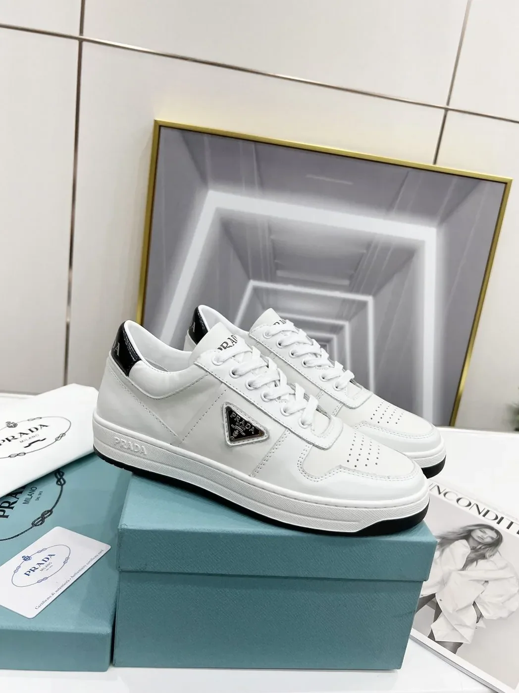 Prada Downtown Perforated Sneakers White in Black /