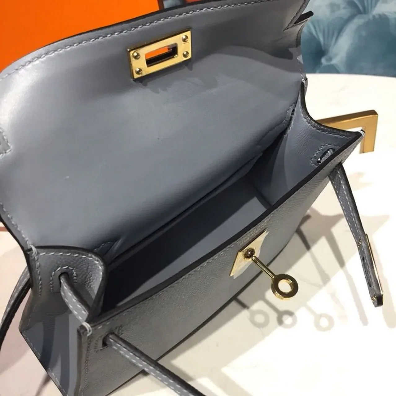 Hermes Kelly Mini Top Handle Bag in Bleu Glacier Gold Hardware
