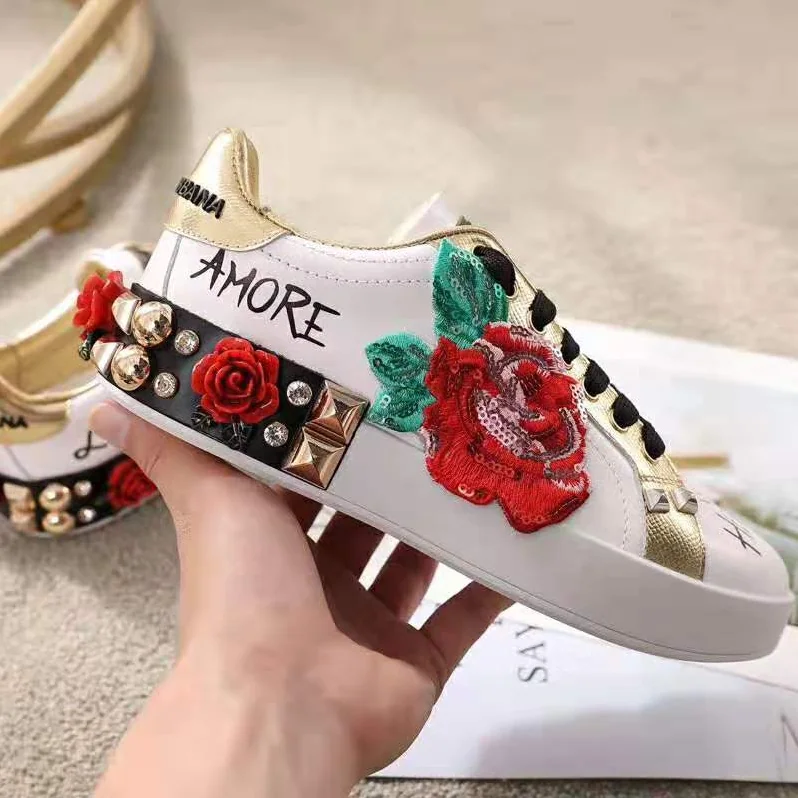 Dolce Gabbana D&G Sneakers in Printed Nappa Calfskin with Applications for Women in White