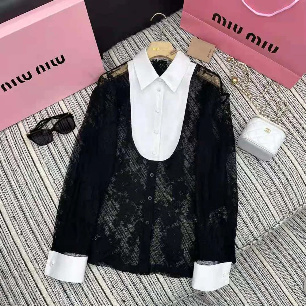 Miu Miu Lace Shirt with Knit Logo Label for Women in Black Miu Miu Lace Shirt with Knit Logo Label for Women in Black