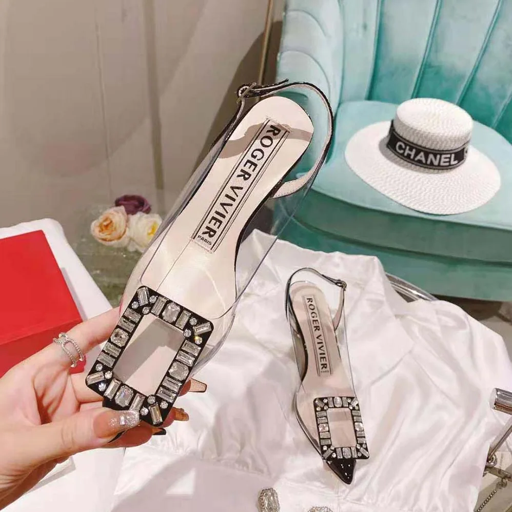 Roger Vivier Virgule Strass Buckle Slingback Pumps in PVC for Women in Black Roger Vivier Virgule Strass Buckle Slingback Pumps in PVC for Women in Black