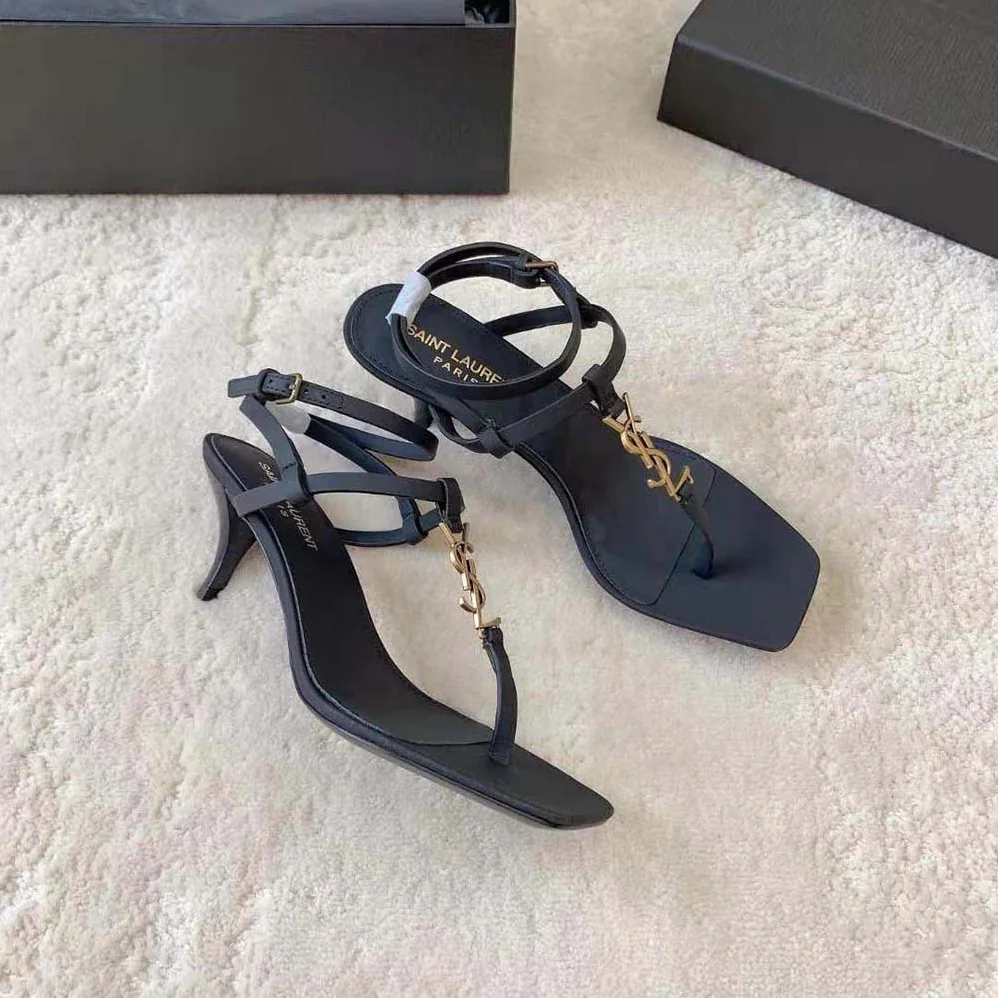 Saint Laurent YSL Cassandra Sandals in Smooth Leather for Women in Black