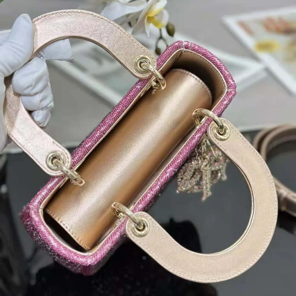Dior Small Lady Dior Bag Metallic Calfskin and Satin with Rose Des Vents Resin Pearl Embroidery for Women Dior Small Lady Dior Bag Metallic Calfskin and Satin with Rose Des Vents Resin Pearl Embroidery for Women