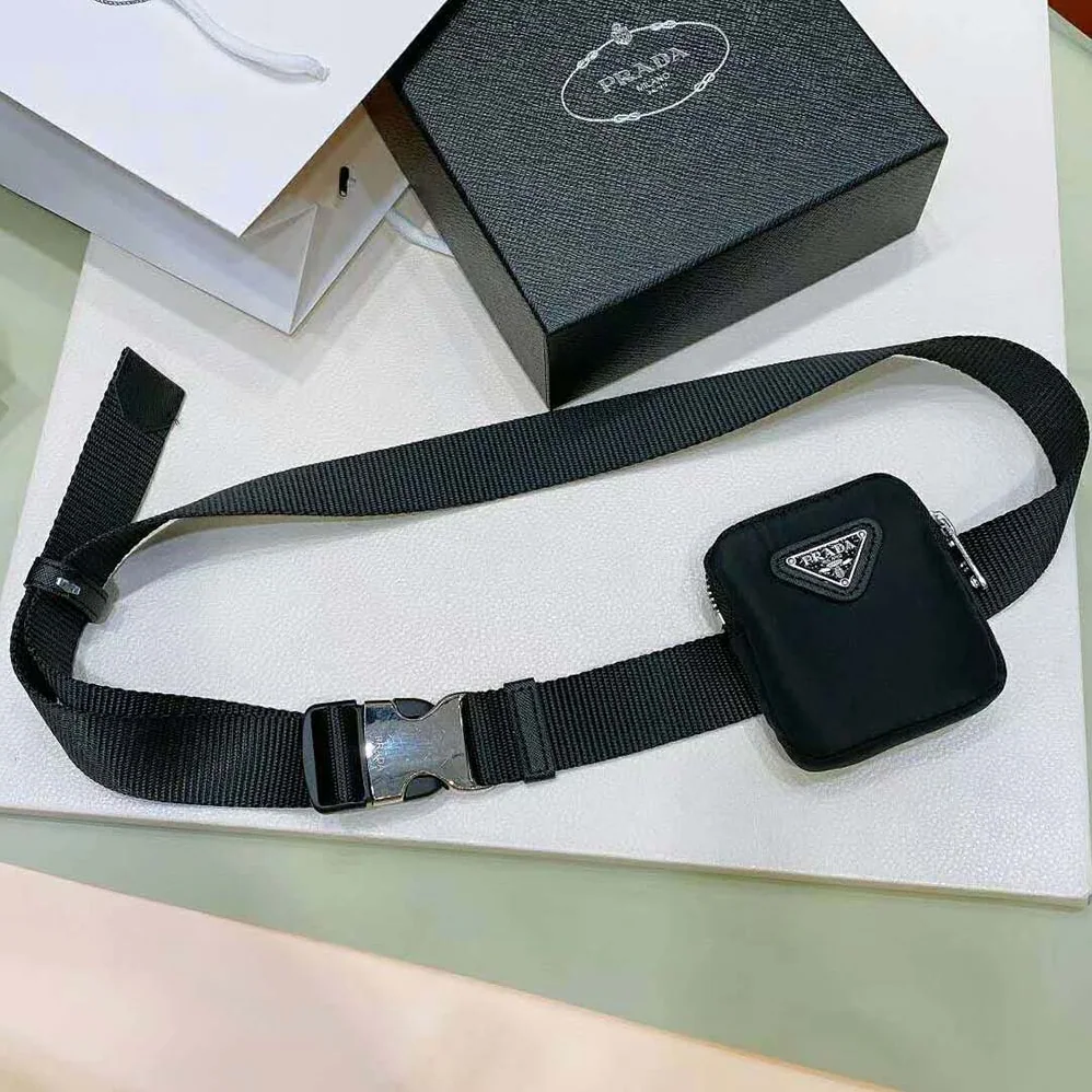 Prada Woven Nylon Belt with Enameled Metal Triangle Logo for Women