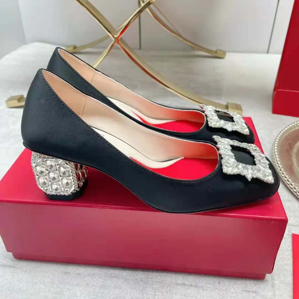 Roger Vivier Jewel Heel Rhinestone Buckle Pumps in Satin for Women Roger Vivier Jewel Heel Rhinestone Buckle Pumps in Satin for Women