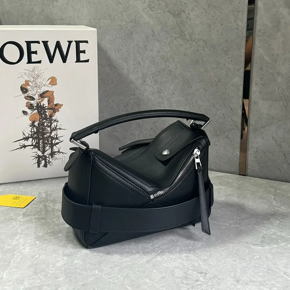 Loewe Small Puzzle Biker Bag in Shiny Calfskin for Unisex in Black