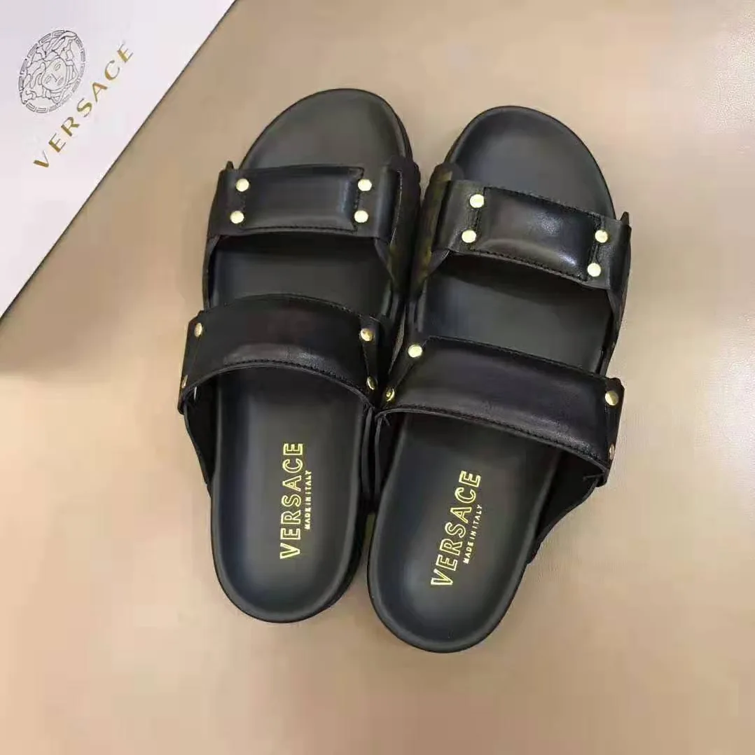 Versace Speed Logo Leather Sandals for Men in Black Versace Speed Logo Leather Sandals for Men in Black