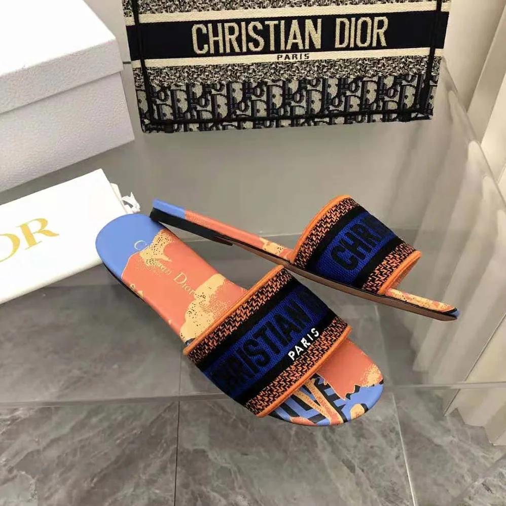 Dior Dway Slide Blue Multicolor D for Women in Flower Pop Cotton Embroidery