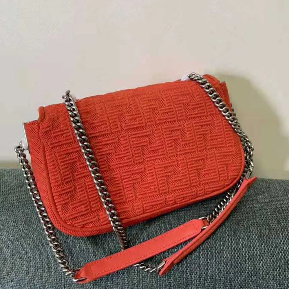 Fendi Midi Baguette Chain FF Fabric Bag for Women in Red