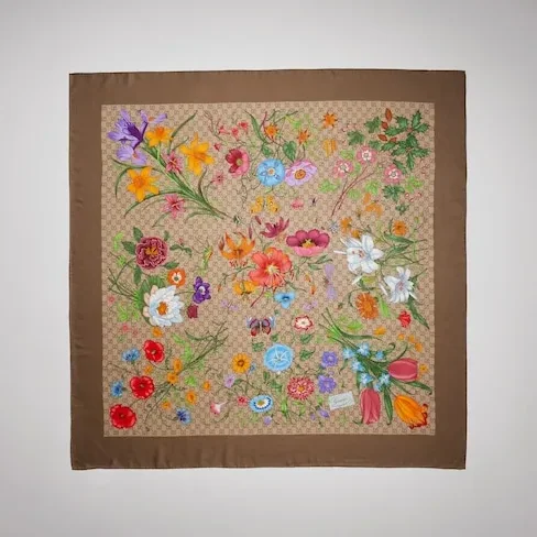 Gucci Printed GG Wool Silk Shawl Scarf Brown in Multicolor