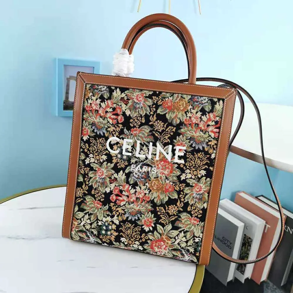 Celine Small Vertical Cabas Celine in Floral Jacquard and Calfskin for Women Celine Small Vertical Cabas Celine in Floral Jacquard and Calfskin for Women
