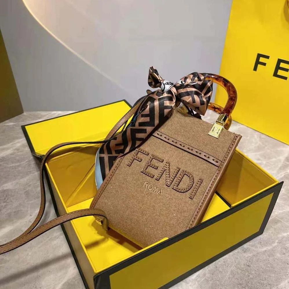 Fendi Mini Sunshine Shopper Brown Flannel Mini for Women in Bag