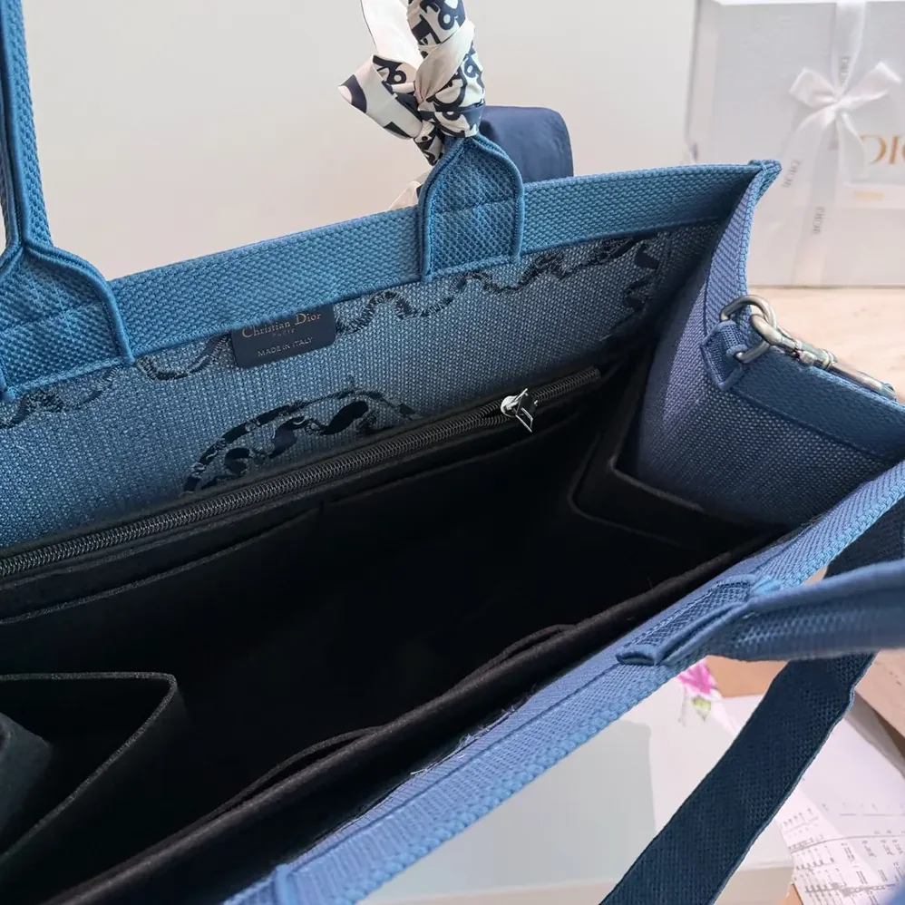Dior Dioriviera Medium Dior Book Tote with Strap Blue-Greige Dior Painted Ribbon Embroidery for Women Dior Dioriviera Medium Dior Book Tote with Strap Blue-Greige Dior Painted Ribbon Embroidery for Women
