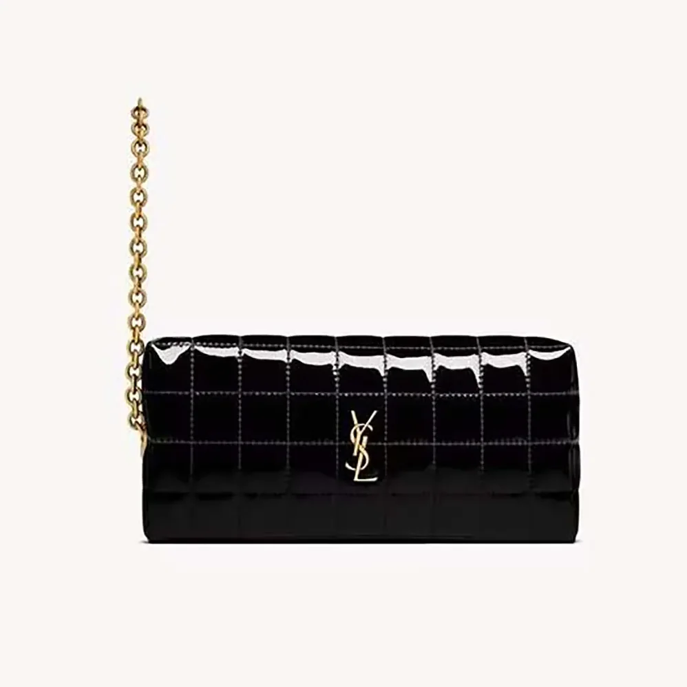 Saint Laurent YSL Cassandre Matelassé Carré Pouch On Chain In Shiny Canvas for Women in Black Saint Laurent YSL Cassandre Matelassé Carré Pouch On Chain In Shiny Canvas for Women in Black