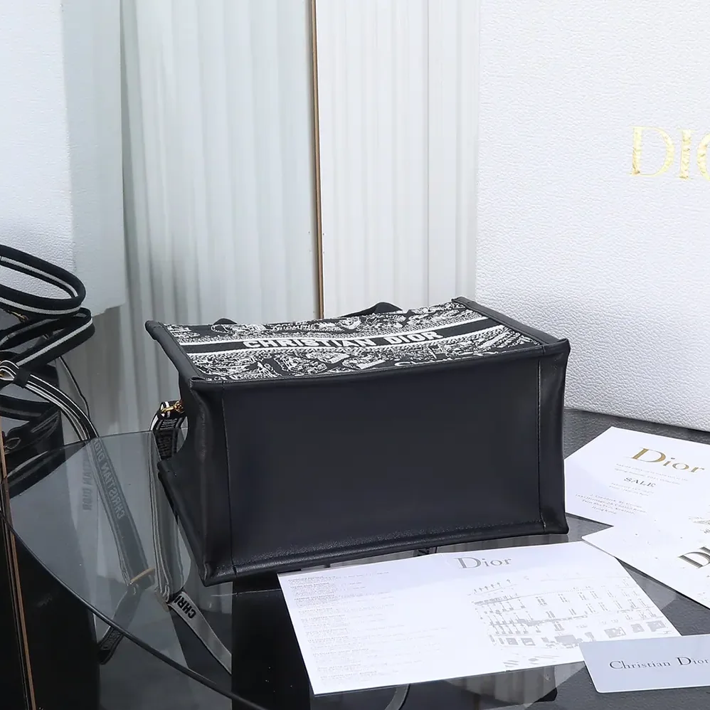 Dior Small Dior Book Tote Black and White Plan de Paris Embroidery with Black Calfskin for Women