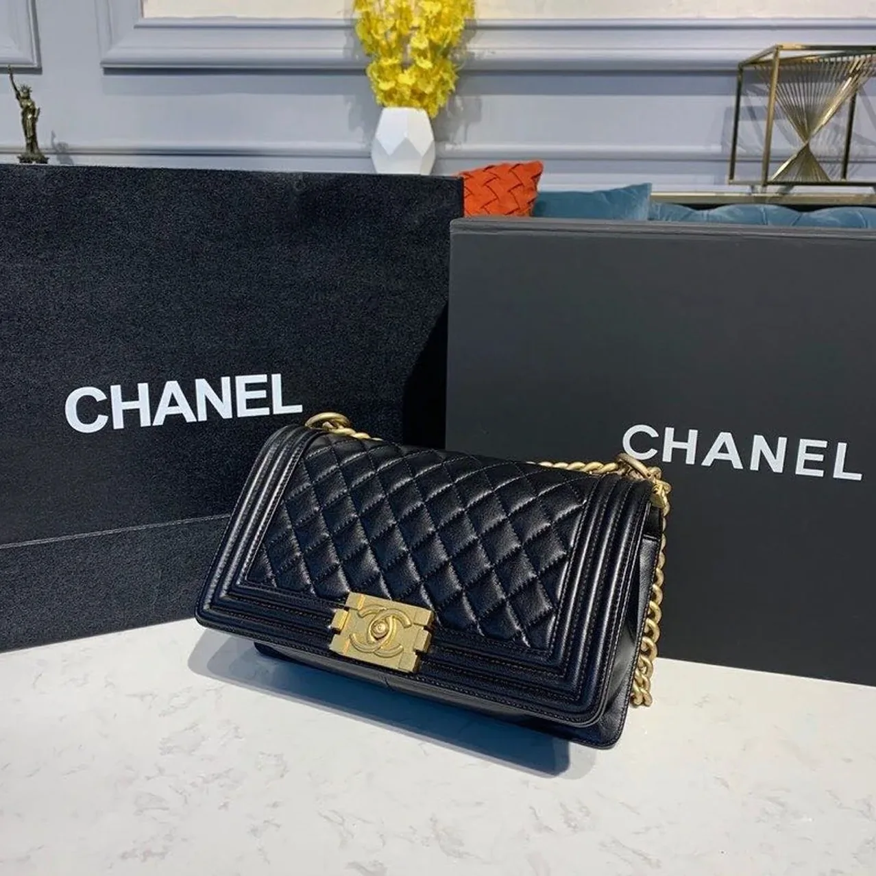 Chanel Boy Medium Crossbody Bag in Black Gold Hardware
