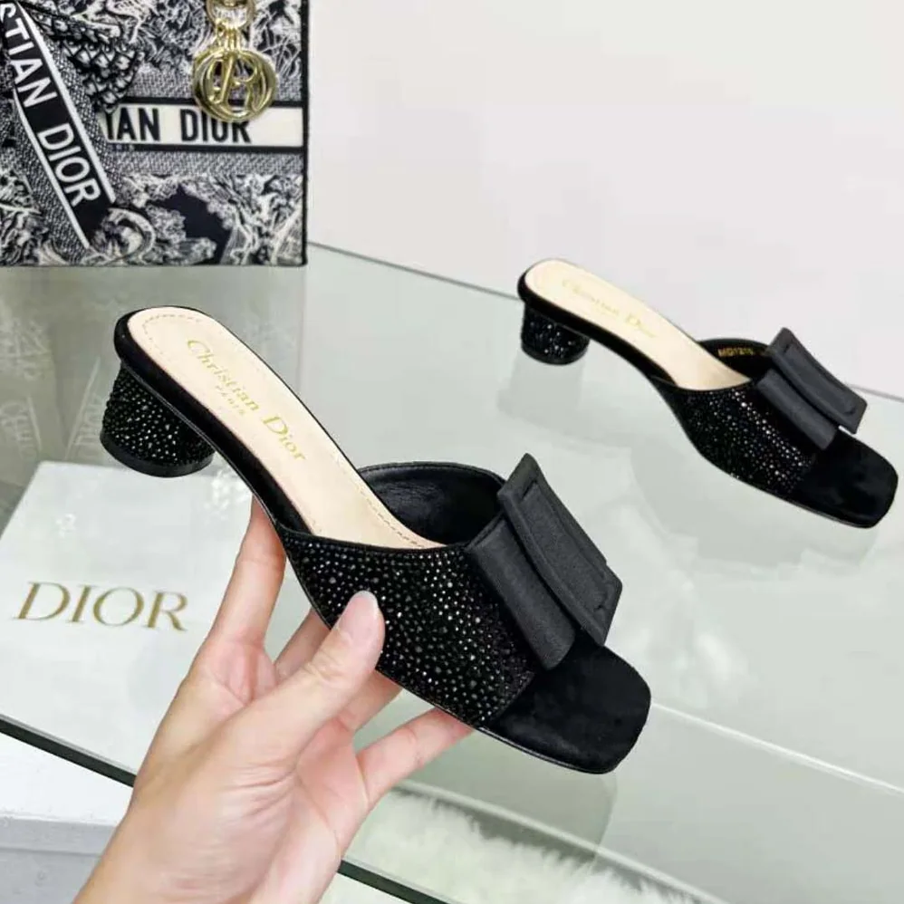 Dior Idylle Heeled Slide Black Suede Covered with Strass and Grosgrain for Women Dior Idylle Heeled Slide Black Suede Covered with Strass and Grosgrain for Women
