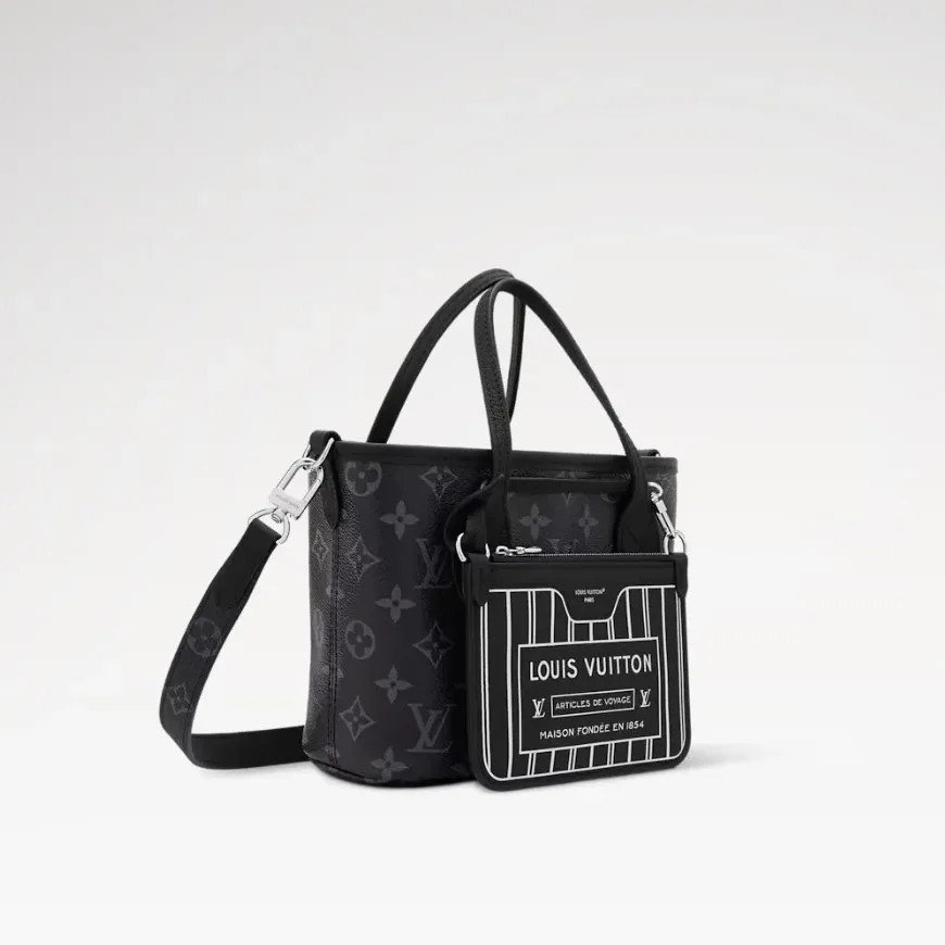 Louis Vuitton Neverfull Bandouliere Inside Out BB Tote Bag in Black Silver Hardware