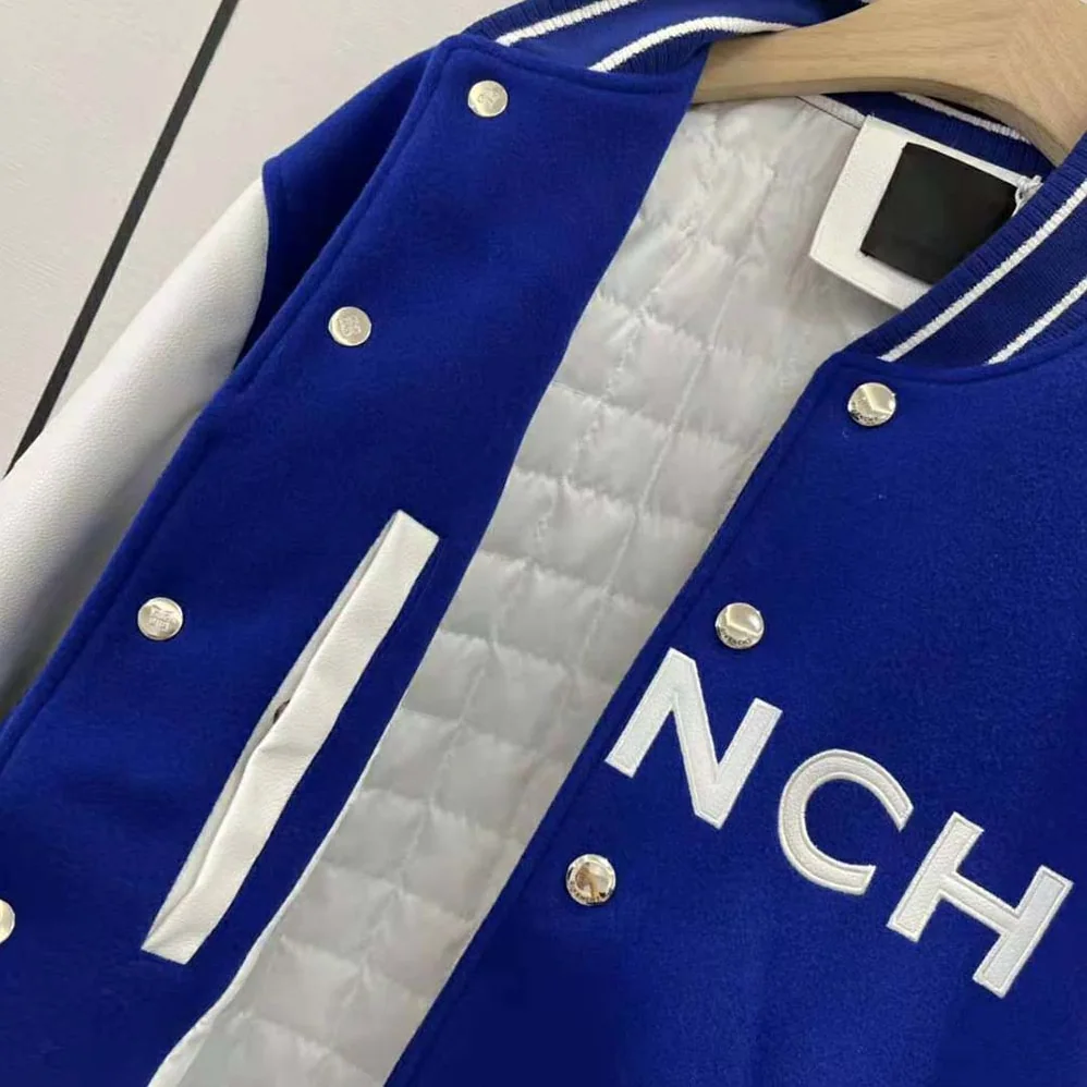 Givenchy Bomber Jacket in Wool and GIVENCHY Leather for Women in White/Blue Givenchy Bomber Jacket in Wool and GIVENCHY Leather for Women in White/Blue