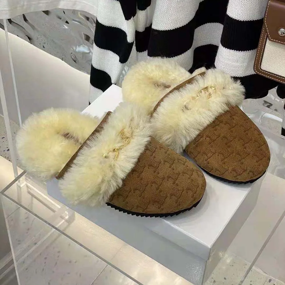 Celine Fur Slides Triomphe Closed Slipper in Suede Calfskin and Shearling for Women Celine Fur Slides Triomphe Closed Slipper in Suede Calfskin and Shearling for Women