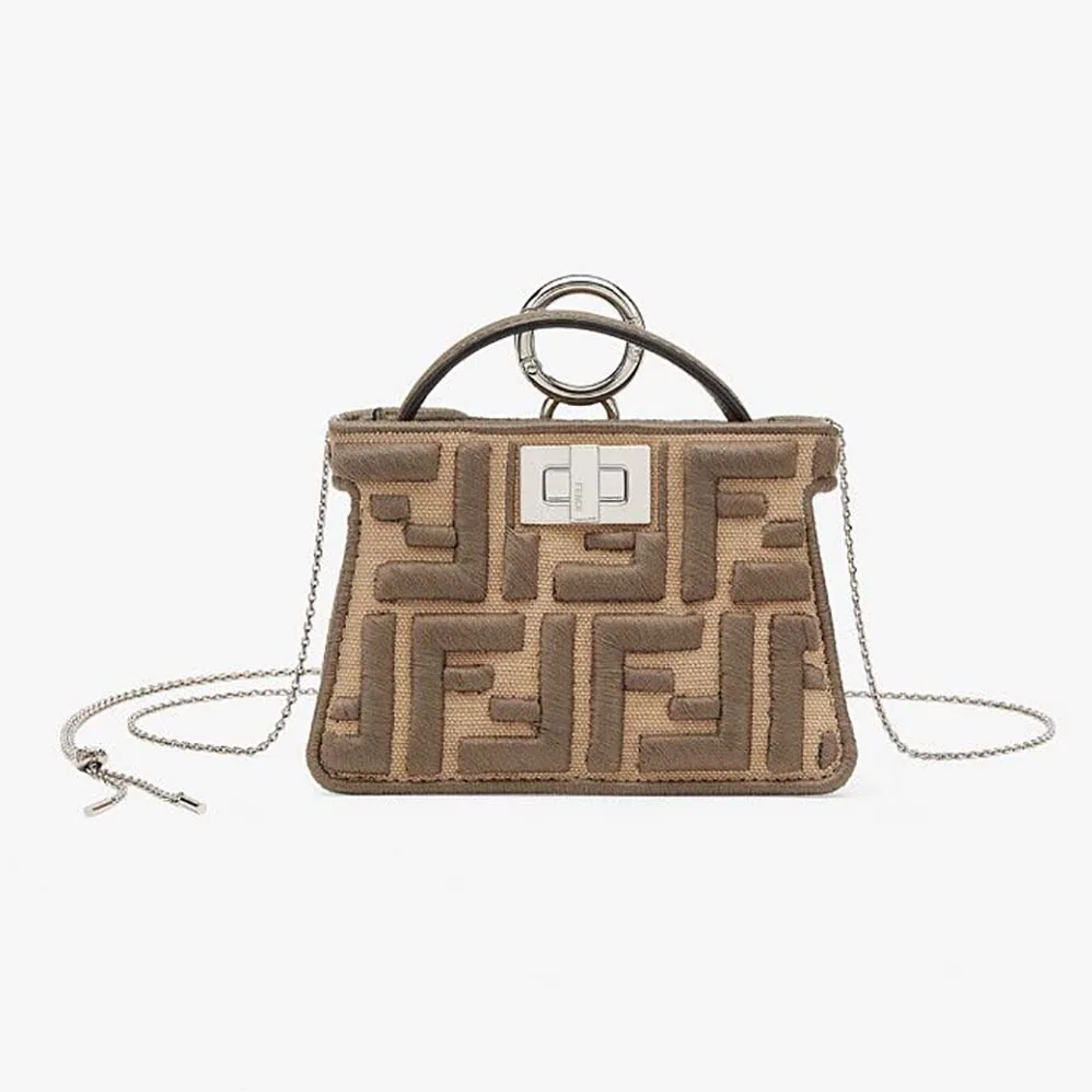 Fendi Nano Peekaboo Charm Gray FF Canvas Charm for Women in Brown Fendi Nano Peekaboo Charm Gray FF Canvas Charm for Women in Brown