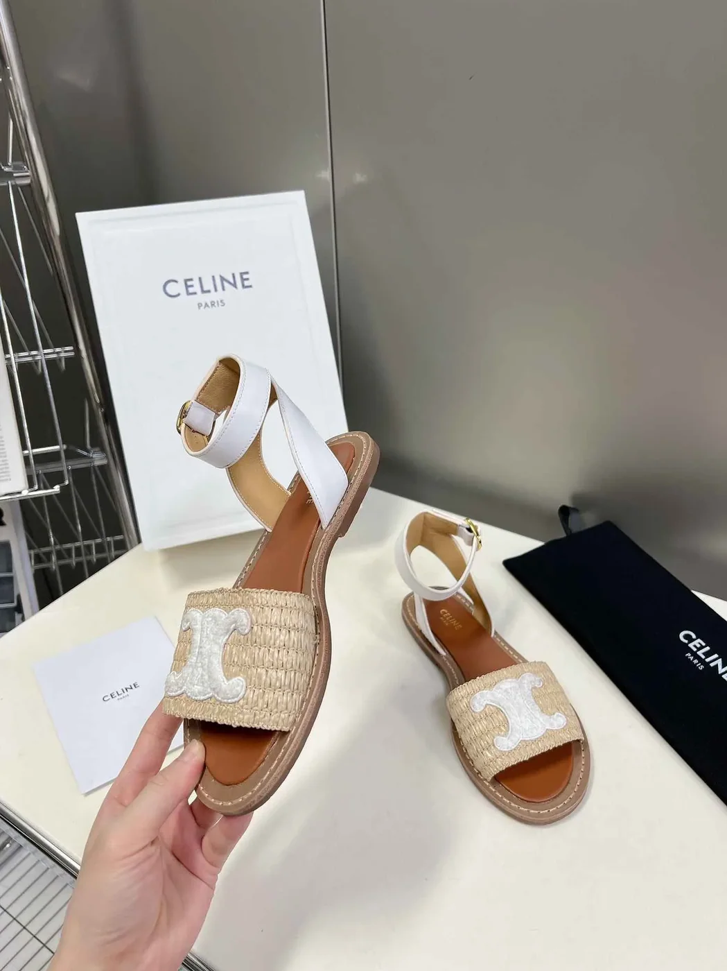 Celine Lympia Flat Strap Sandal In Raffia White .02GH