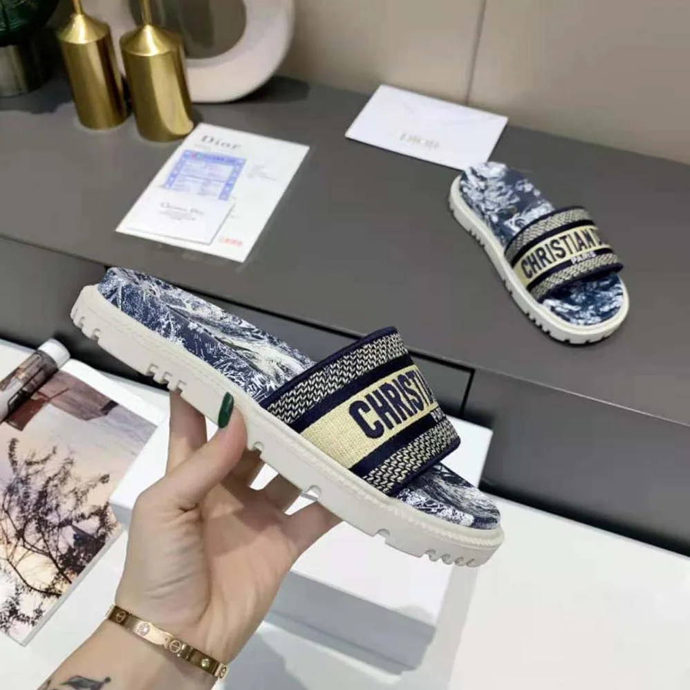 Dior Dway Slide Deep Blue Toile de Jouy Reverse Embroidered Cotton for Women